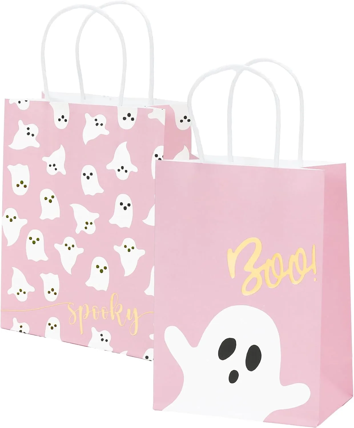JarThenaAMCS 24Pcs Halloween Paper Gift Bags with Handles Pink Ghost Party Favor Bags Candy Goodie Treat Bags for Halloween Birthday Party Supplies