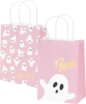 JarThenaAMCS 24Pcs Halloween Paper Gift Bags with Handles Pink Ghost Party Favor Bags Candy Goodie Treat Bags for Halloween Birthday Party Supplies
