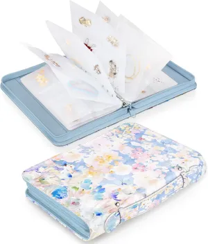Jewelry Travel Organizer Case, PU Leather Portable Jewelry Storage Book with Transparent Pockets Zipper Bag for Necklaces, Earrings, Bracelets(48 Grids 48 Thicken PVC Bags),WatercolourBlossoms