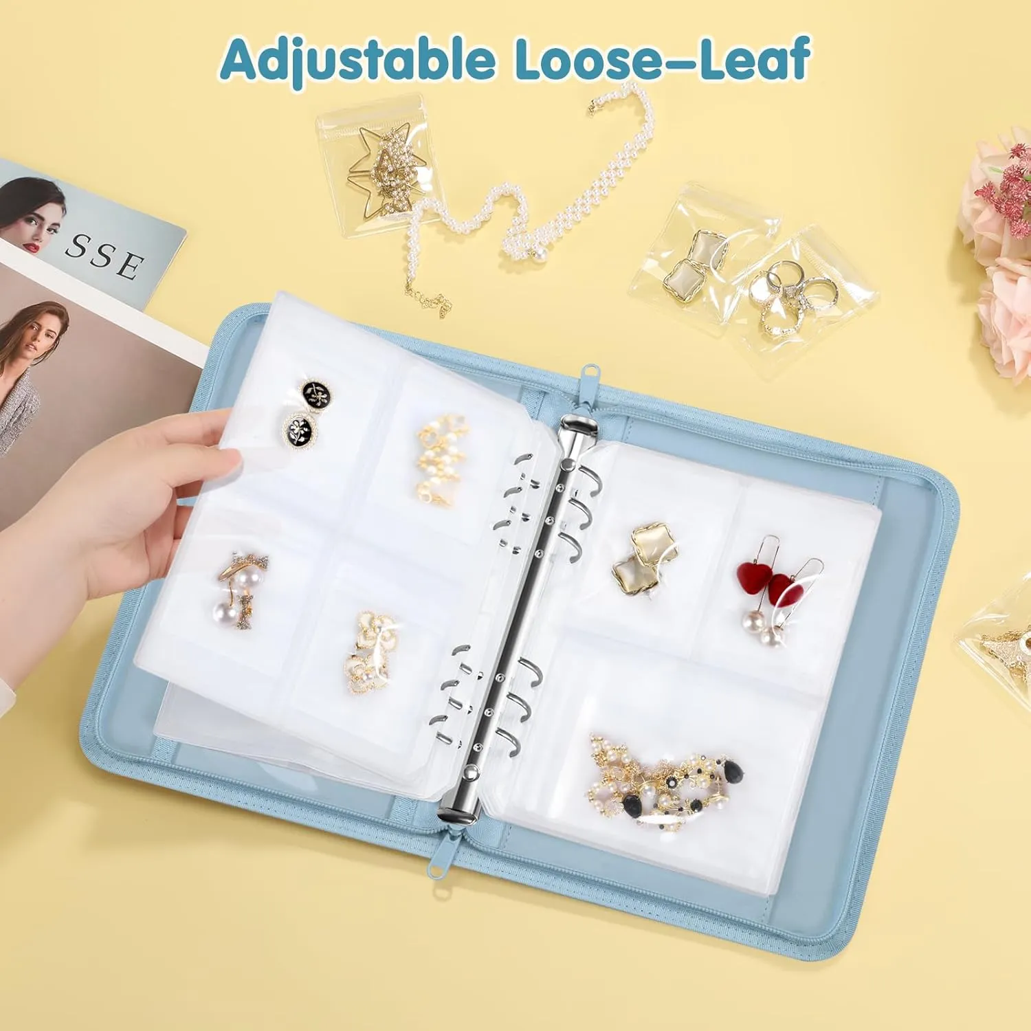 Jewelry Travel Organizer Case, PU Leather Portable Jewelry Storage Book with Transparent Pockets Zipper Bag for Necklaces, Earrings, Bracelets(48 Grids 48 Thicken PVC Bags),WatercolourBlossoms