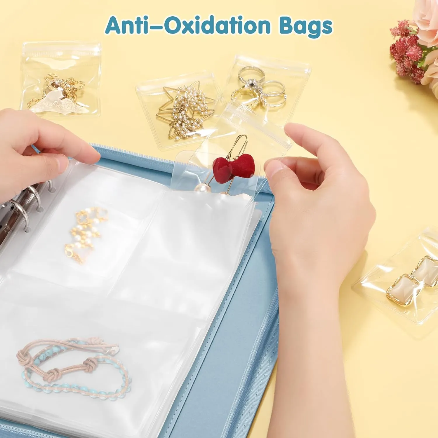 Jewelry Travel Organizer Case, PU Leather Portable Jewelry Storage Book with Transparent Pockets Zipper Bag for Necklaces, Earrings, Bracelets(48 Grids 48 Thicken PVC Bags),WatercolourBlossoms