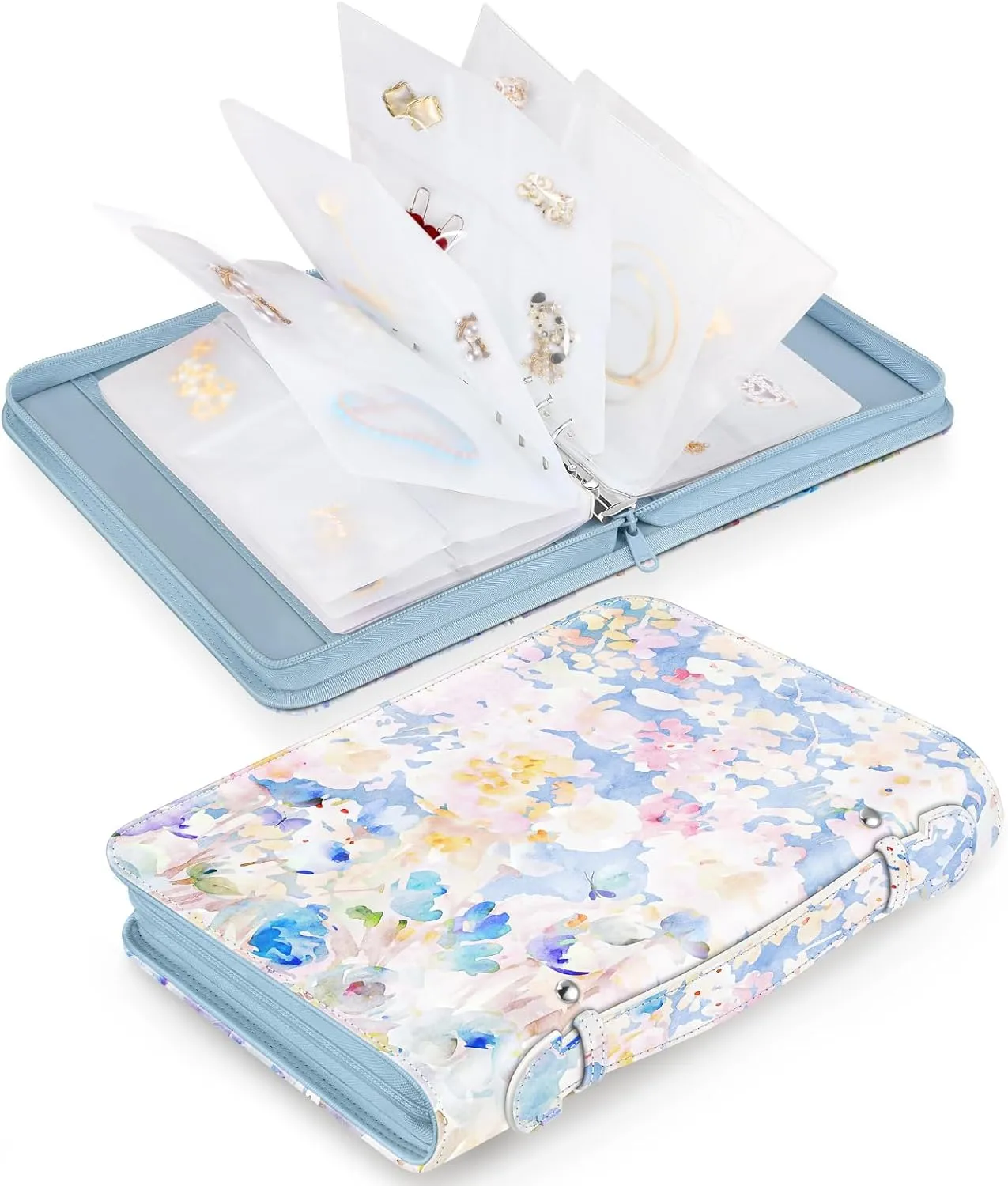 Jewelry Travel Organizer Case, PU Leather Portable Jewelry Storage Book with Transparent Pockets Zipper Bag for Necklaces, Earrings, Bracelets(48 Grids 48 Thicken PVC Bags),WatercolourBlossoms
