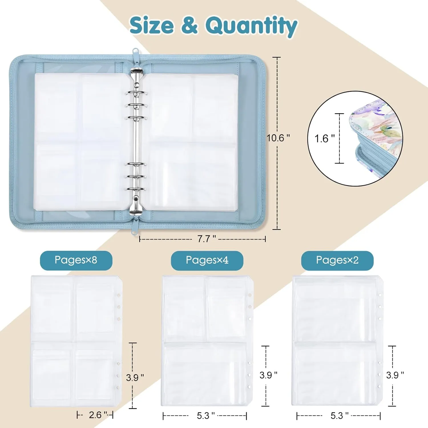 Jewelry Travel Organizer Case, PU Leather Portable Jewelry Storage Book with Transparent Pockets Zipper Bag for Necklaces, Earrings, Bracelets(48 Grids 48 Thicken PVC Bags),WatercolourBlossoms