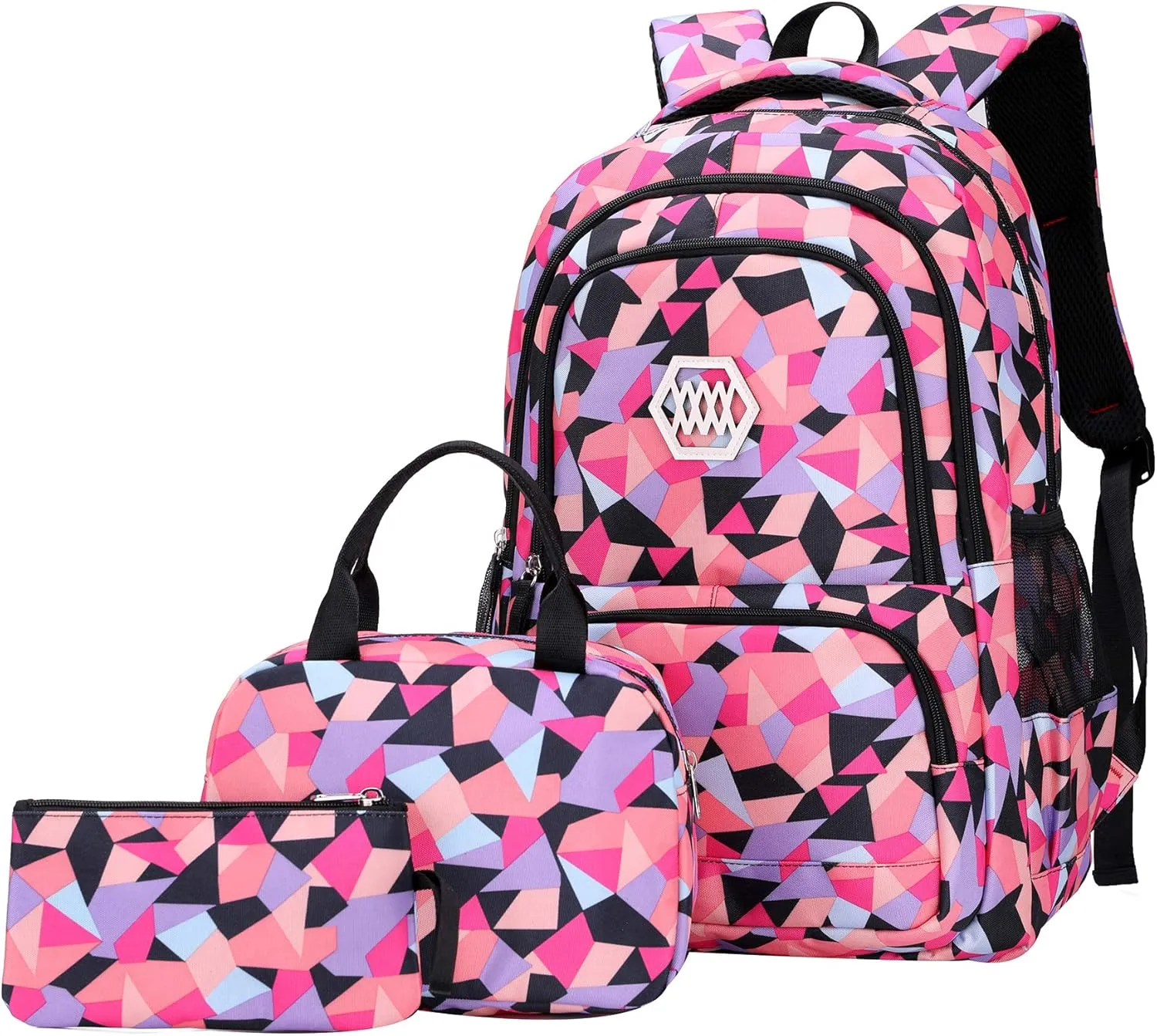 JiaYou Girl Geometric Printed Primary Junior High University School Bag Bookbag 3pcs Backpack Sets(2# Black-3pcs,19 L)