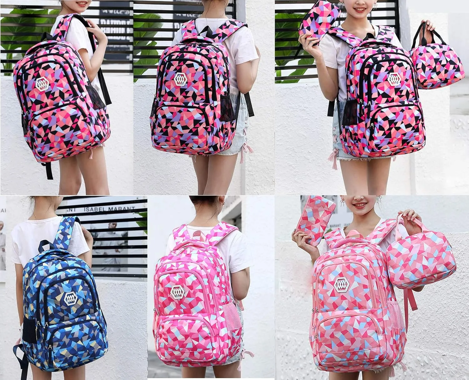 JiaYou Girl Geometric Printed Primary Junior High University School Bag Bookbag 3pcs Backpack Sets(2# Black-3pcs,19 L)
