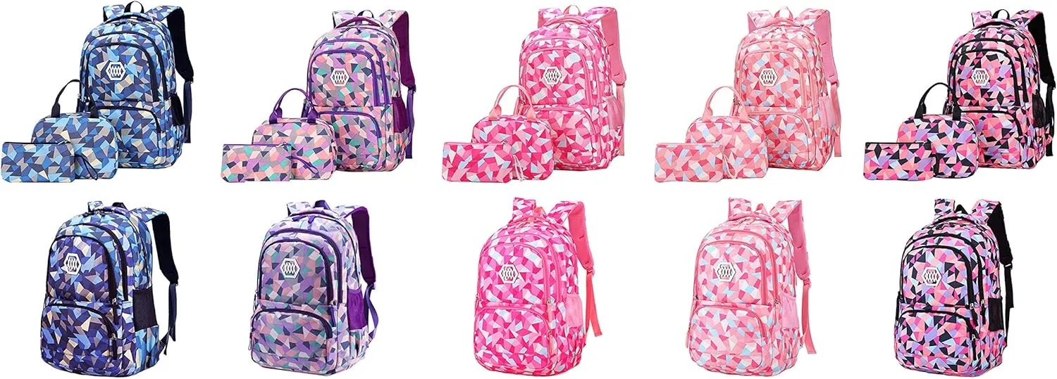 JiaYou Girl Geometric Printed Primary Junior High University School Bag Bookbag 3pcs Backpack Sets(2# Black-3pcs,19 L)