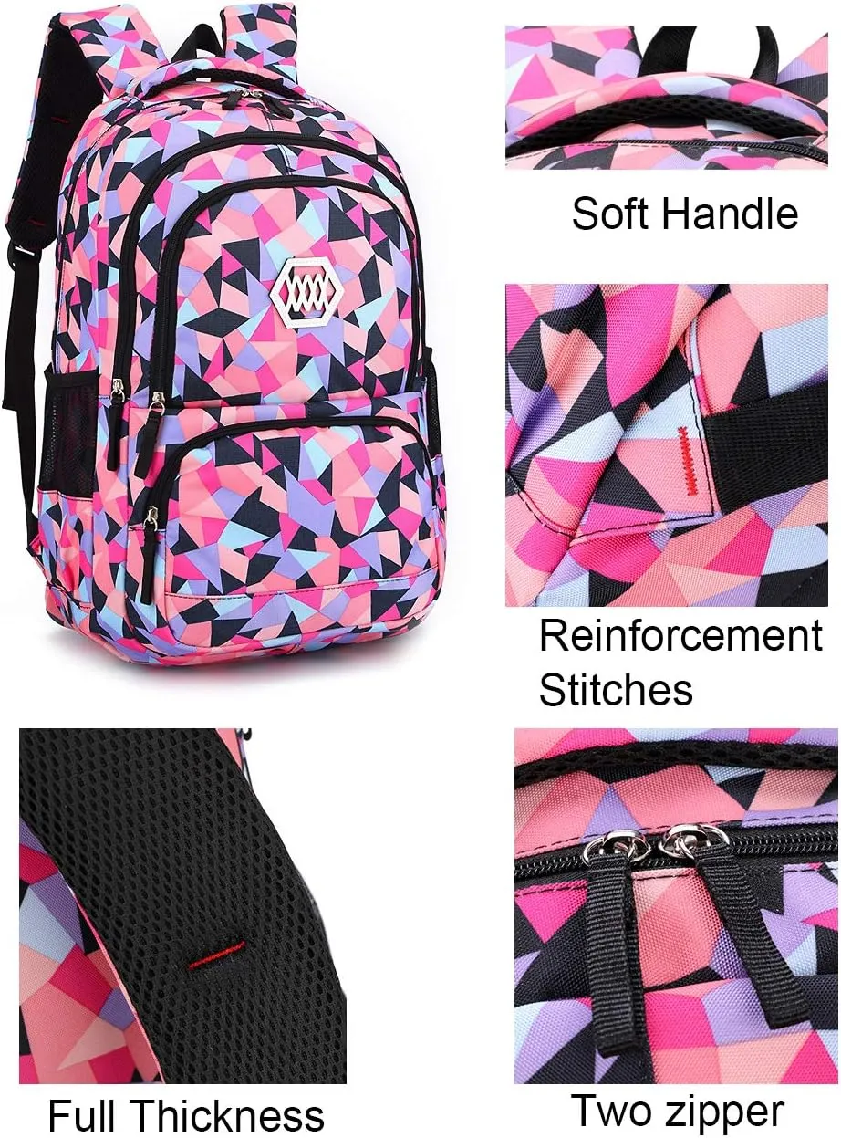 JiaYou Girl Geometric Printed Primary Junior High University School Bag Bookbag 3pcs Backpack Sets(2# Black-3pcs,19 L)