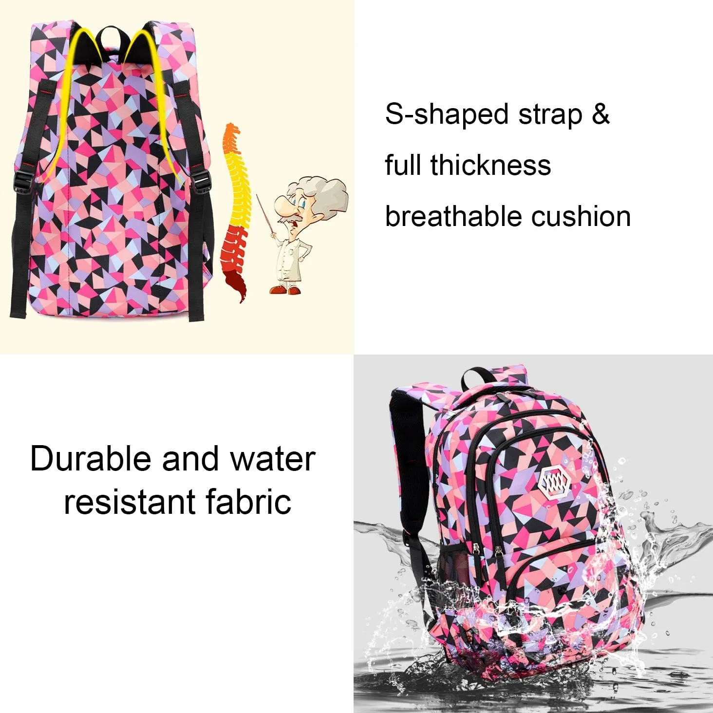 JiaYou Girl Geometric Printed Primary Junior High University School Bag Bookbag 3pcs Backpack Sets(2# Black-3pcs,19 L)