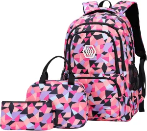 JiaYou Girl Geometric Printed Primary Junior High University School Bag Bookbag 3pcs Backpack Sets(2# Black-3pcs,19 L)