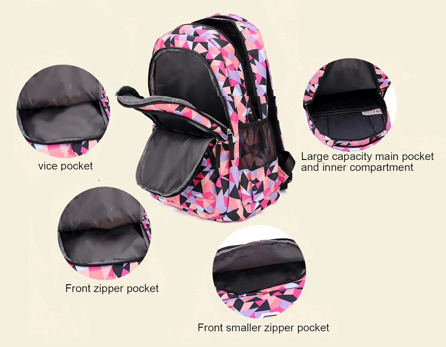 JiaYou Girl Geometric Printed Primary Junior High University School Bag Bookbag 3pcs Backpack Sets(2# Black-3pcs,19 L)