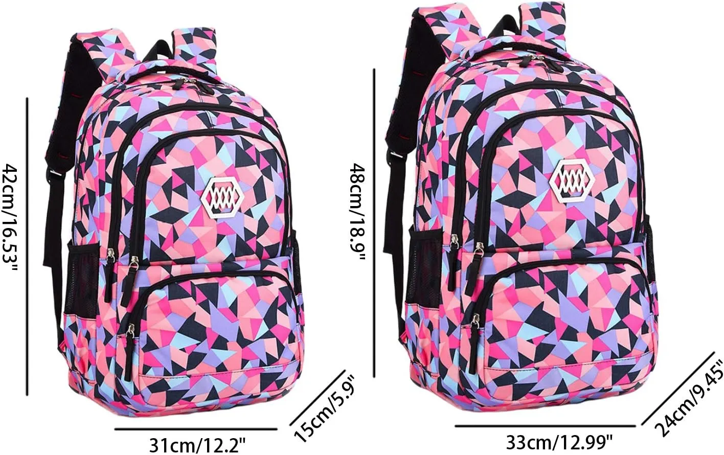 JiaYou Girl Geometric Printed Primary Junior High University School Bag Bookbag 3pcs Backpack Sets(2# Black-3pcs,19 L)