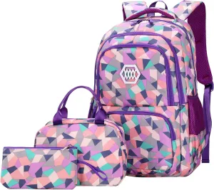 JiaYou Girl Geometric Printed Primary Junior High University School Bag Bookbag 3pcs Backpack Sets(2# Purple-3pcs,19 L)