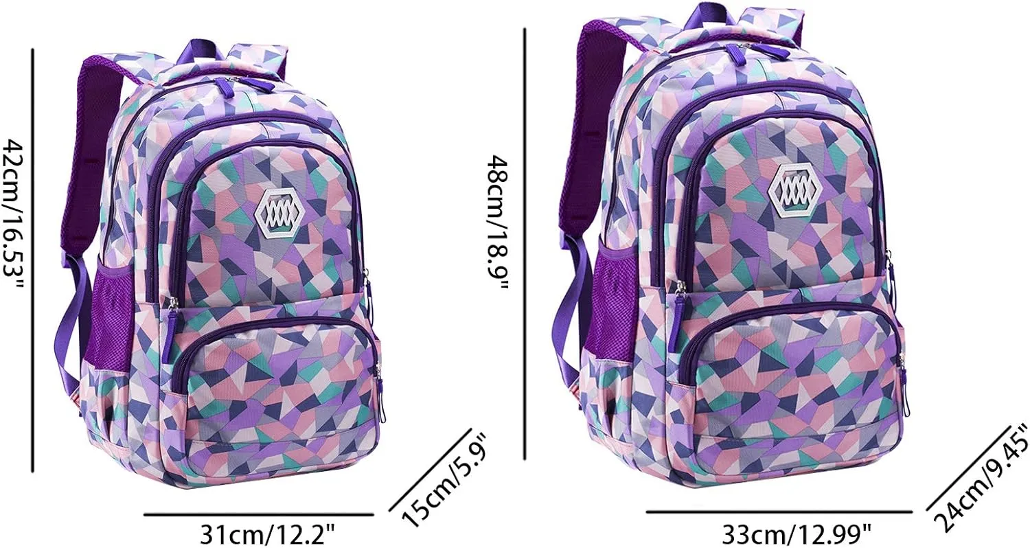 JiaYou Girl Geometric Printed Primary Junior High University School Bag Bookbag 3pcs Backpack Sets(2# Purple-3pcs,19 L)