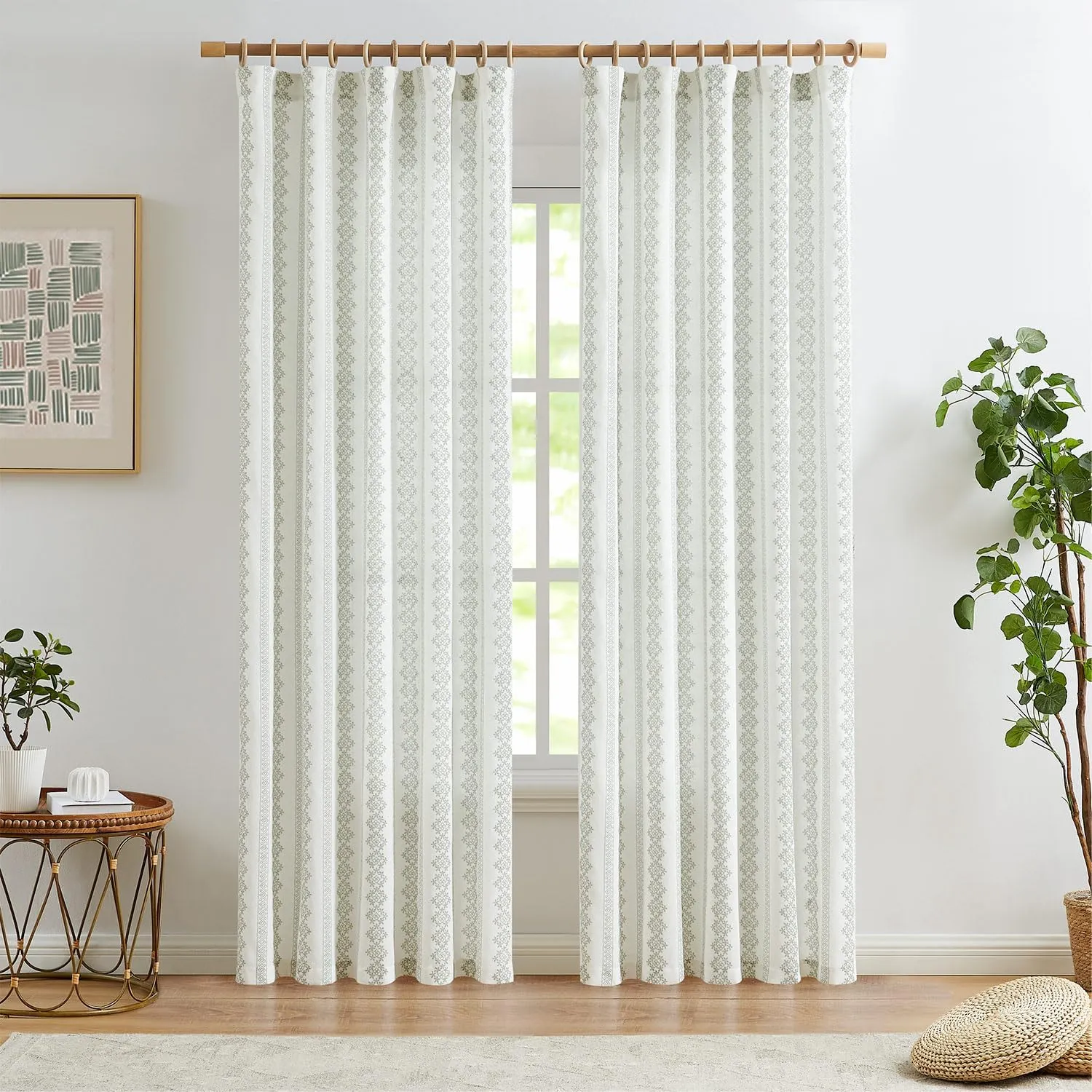 jinchan Boho Linen Blend Curtains 84 Inch Long Country Farmhouse Living Room Window Treatments Sage Green on White Print Rod Pocket Back Tab Geometric Light Filtering Drapes 2 Panels