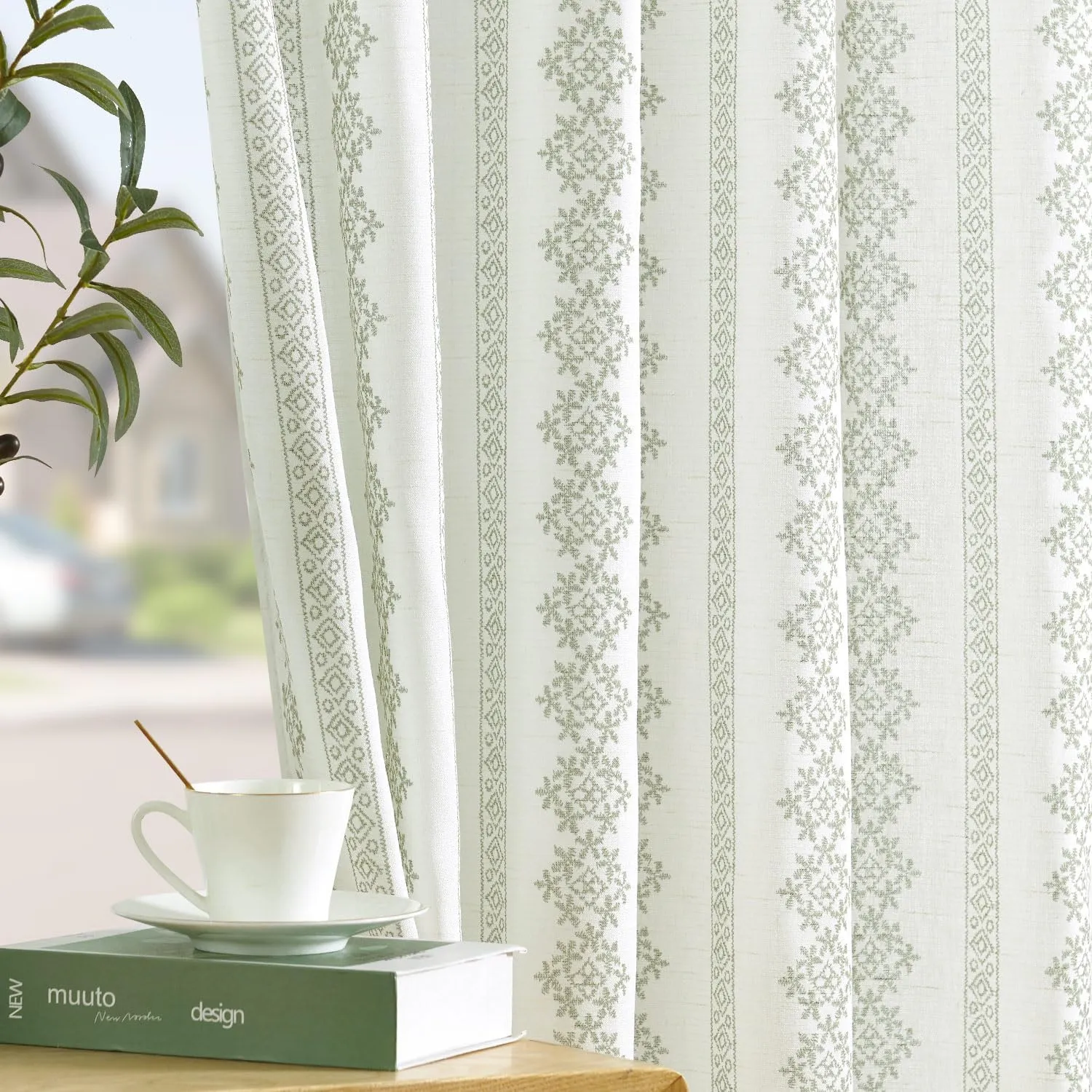 jinchan Boho Linen Blend Curtains 84 Inch Long Country Farmhouse Living Room Window Treatments Sage Green on White Print Rod Pocket Back Tab Geometric Light Filtering Drapes 2 Panels