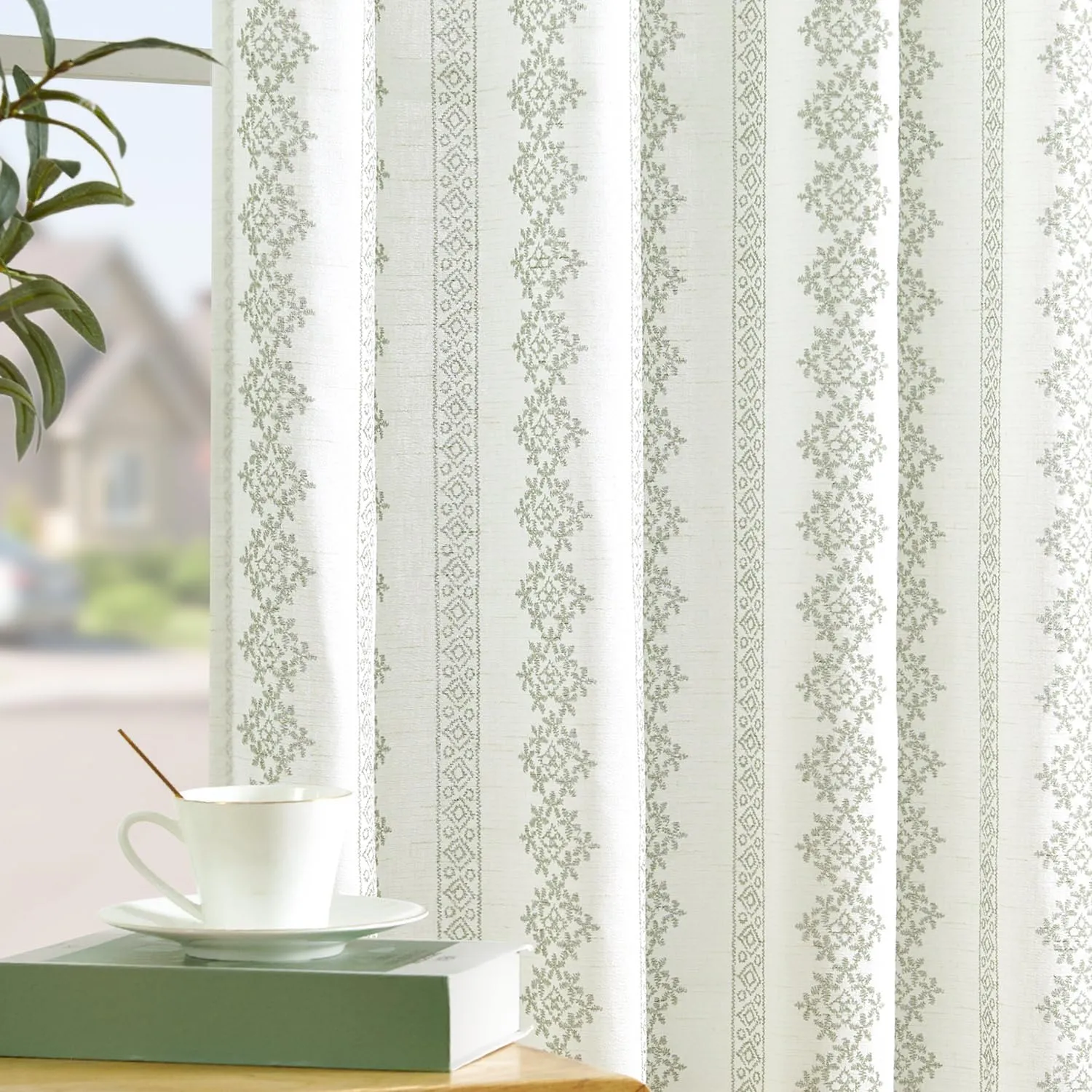 jinchan Boho Linen Blend Curtains 84 Inch Long Country Farmhouse Living Room Window Treatments Sage Green on White Print Rod Pocket Back Tab Geometric Light Filtering Drapes 2 Panels