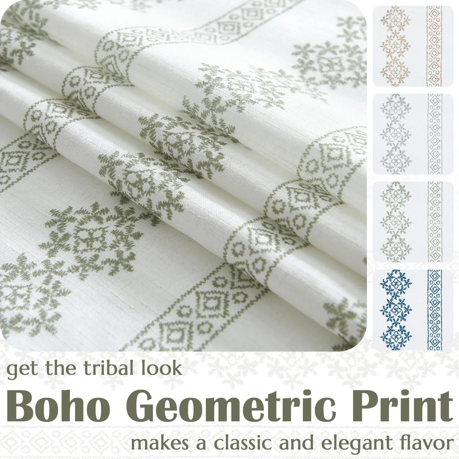 jinchan Boho Linen Blend Curtains 84 Inch Long Country Farmhouse Living Room Window Treatments Sage Green on White Print Rod Pocket Back Tab Geometric Light Filtering Drapes 2 Panels