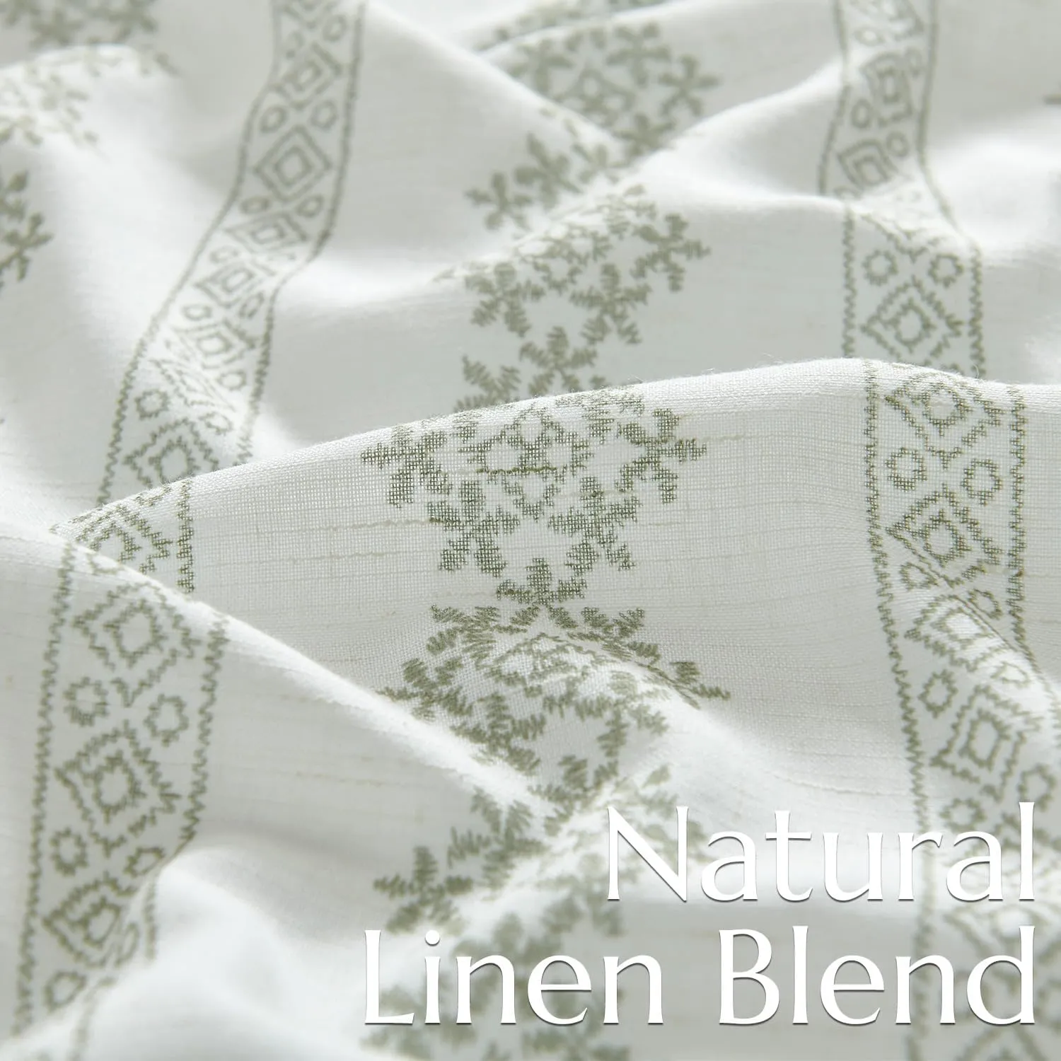 jinchan Boho Linen Blend Curtains 84 Inch Long Country Farmhouse Living Room Window Treatments Sage Green on White Print Rod Pocket Back Tab Geometric Light Filtering Drapes 2 Panels