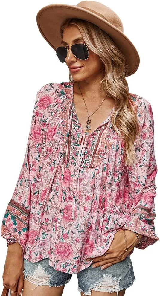KAYWIDE Women's Casual Boho V Neck Top Loose Floral Printed Long Sleeve Beach Shirts Blouses