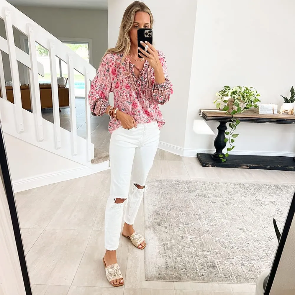 KAYWIDE Women's Casual Boho V Neck Top Loose Floral Printed Long Sleeve Beach Shirts Blouses