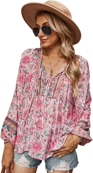 KAYWIDE Women's Casual Boho V Neck Top Loose Floral Printed Long Sleeve Beach Shirts Blouses
