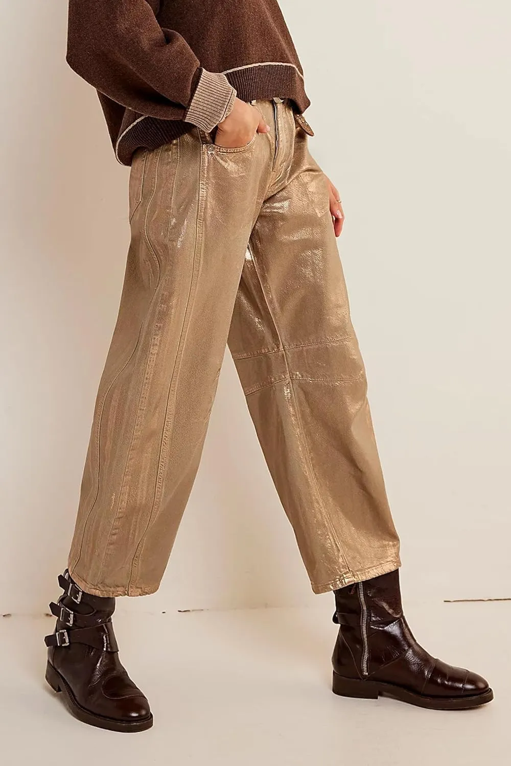 Kedera Women's Shiny Metallic Barrel Jeans - Straight Wide Leg Glitter Denim Pants - Y2K Disco Horseshoe Trousers