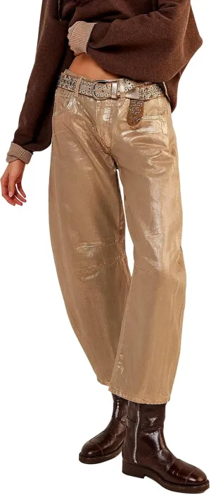 Kedera Women's Shiny Metallic Barrel Jeans - Straight Wide Leg Glitter Denim Pants - Y2K Disco Horseshoe Trousers