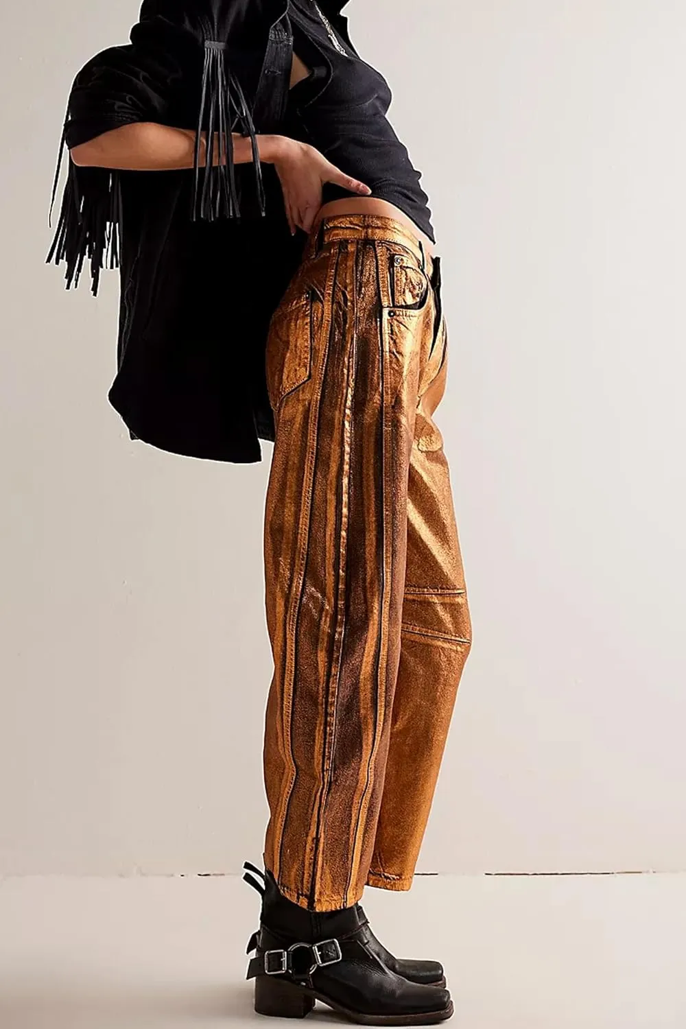 Kedera Women's Shiny Metallic Barrel Jeans - Straight Wide Leg Glitter Denim Pants - Y2K Disco Horseshoe Trousers