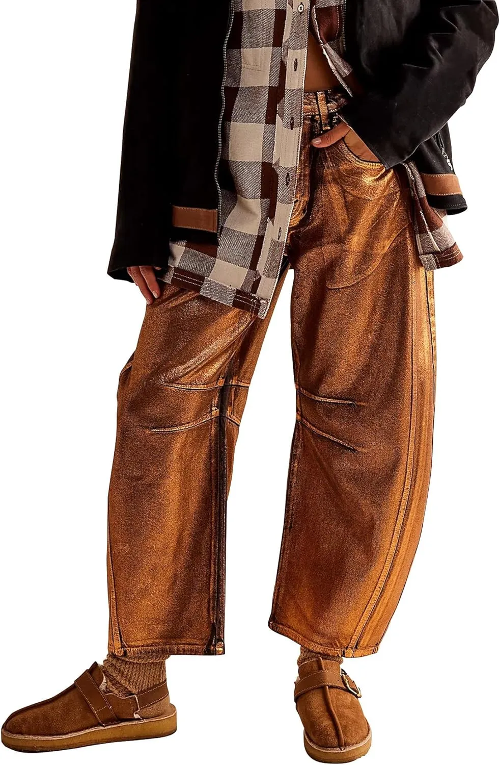 Kedera Women's Shiny Metallic Barrel Jeans - Straight Wide Leg Glitter Denim Pants - Y2K Disco Horseshoe Trousers