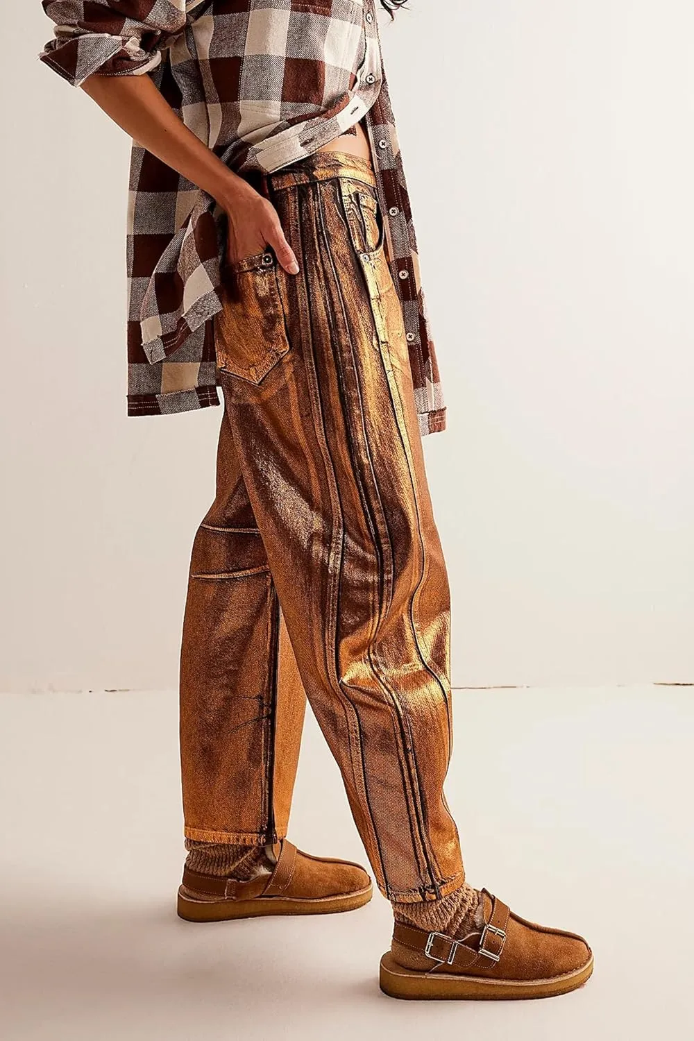 Kedera Women's Shiny Metallic Barrel Jeans - Straight Wide Leg Glitter Denim Pants - Y2K Disco Horseshoe Trousers