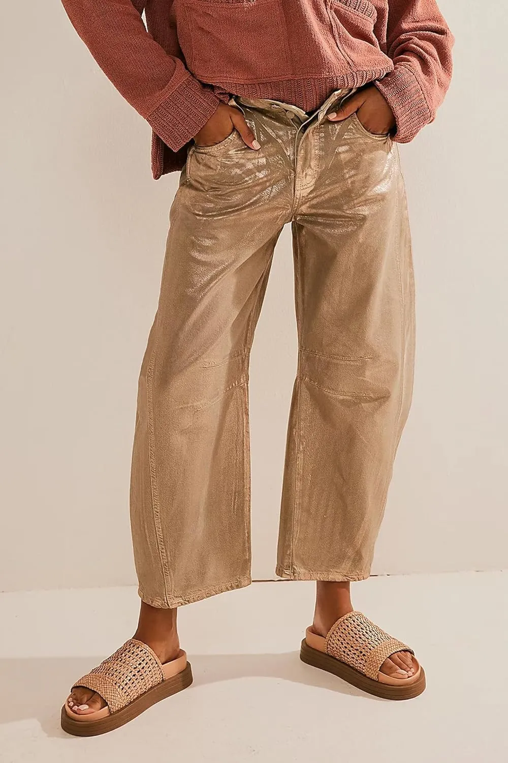 Kedera Women's Shiny Metallic Barrel Jeans - Straight Wide Leg Glitter Denim Pants - Y2K Disco Horseshoe Trousers