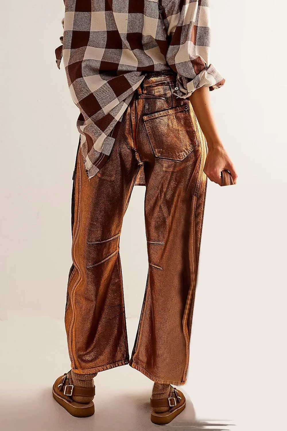 Kedera Women's Shiny Metallic Barrel Jeans - Straight Wide Leg Glitter Denim Pants - Y2K Disco Horseshoe Trousers