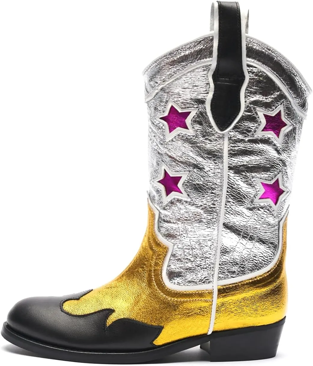 Kids Cowboy Boots Unisex Mid-calf Metallic Western Cowgirl Booties Splicing Riding Round Toe Pull on Long Boots for Boys/Girls