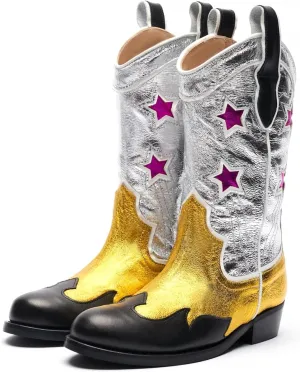 Kids Cowboy Boots Unisex Mid-calf Metallic Western Cowgirl Booties Splicing Riding Round Toe Pull on Long Boots for Boys/Girls