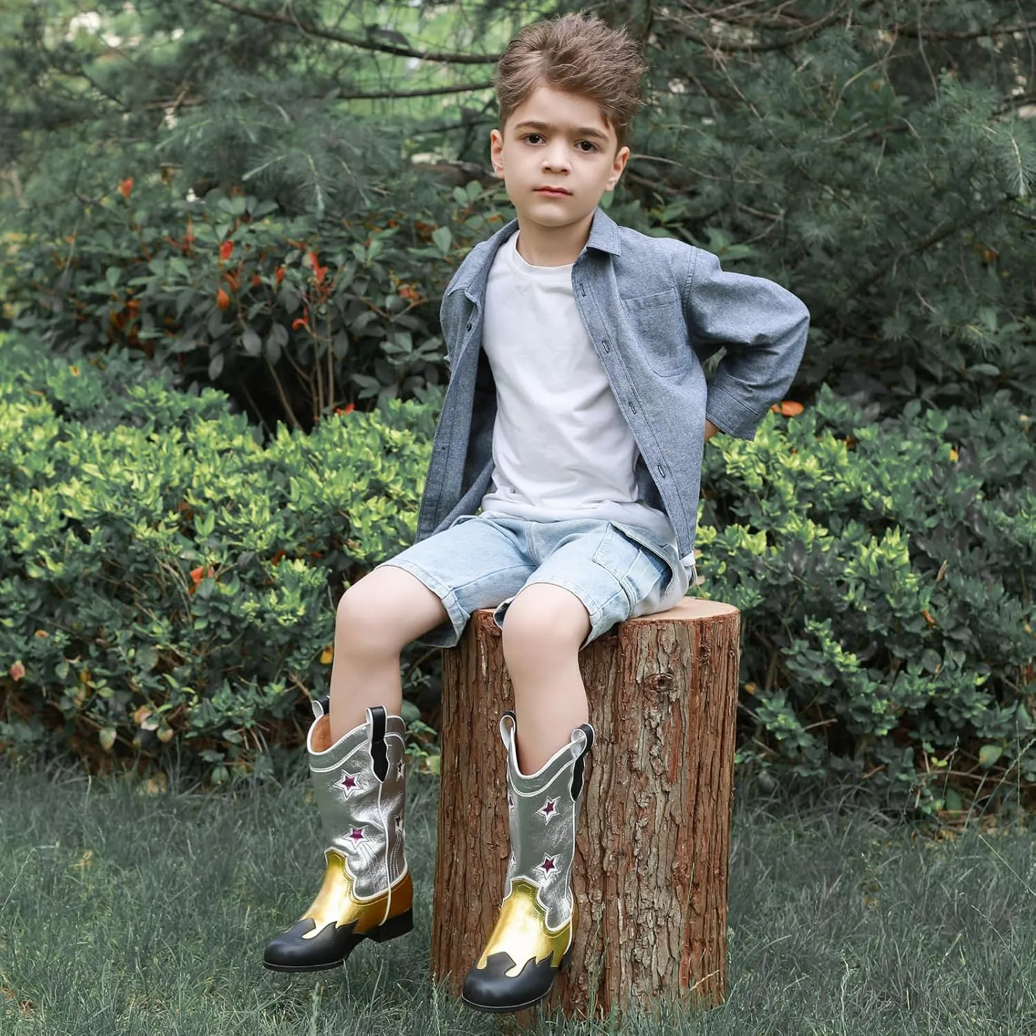 Kids Cowboy Boots Unisex Mid-calf Metallic Western Cowgirl Booties Splicing Riding Round Toe Pull on Long Boots for Boys/Girls