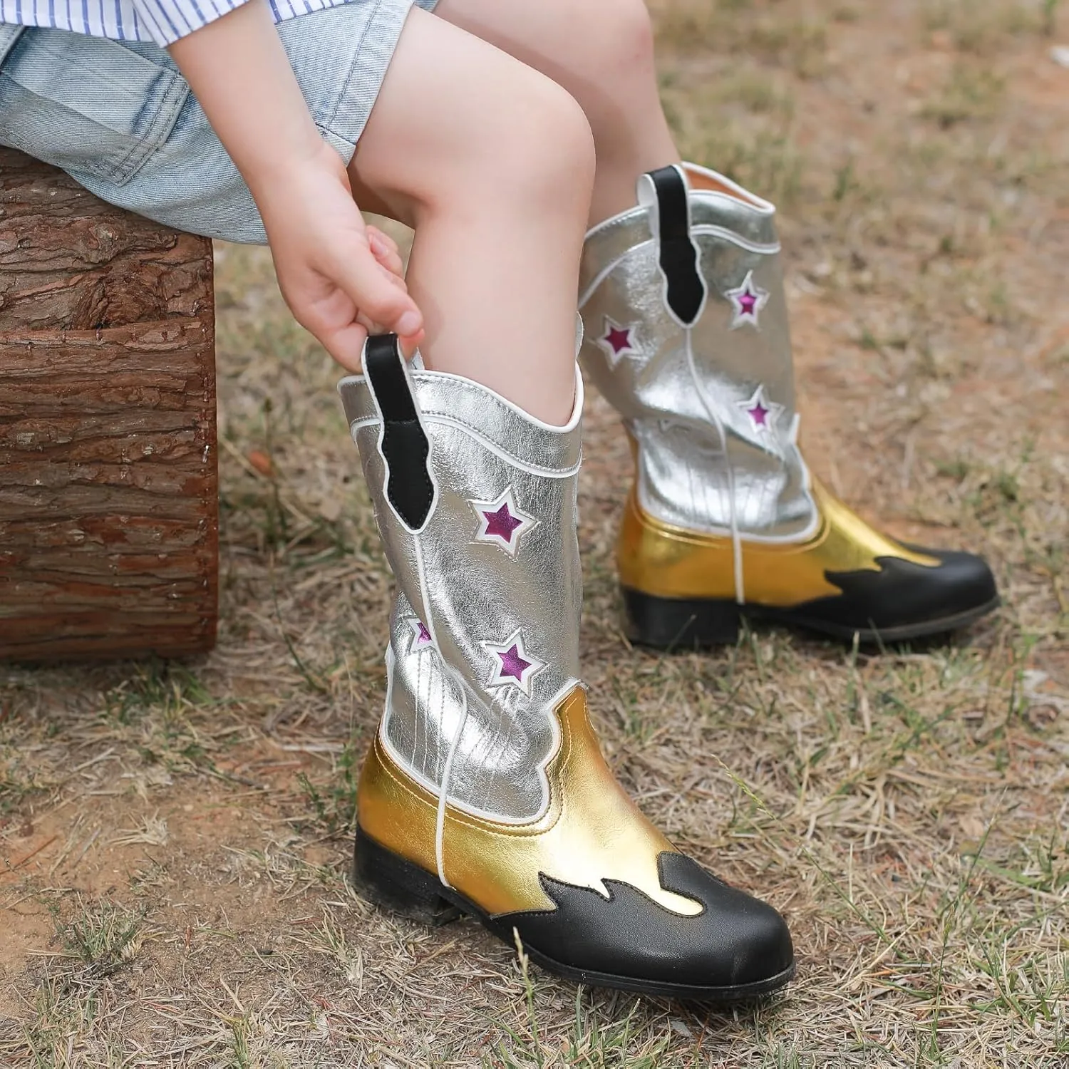 Kids Cowboy Boots Unisex Mid-calf Metallic Western Cowgirl Booties Splicing Riding Round Toe Pull on Long Boots for Boys/Girls