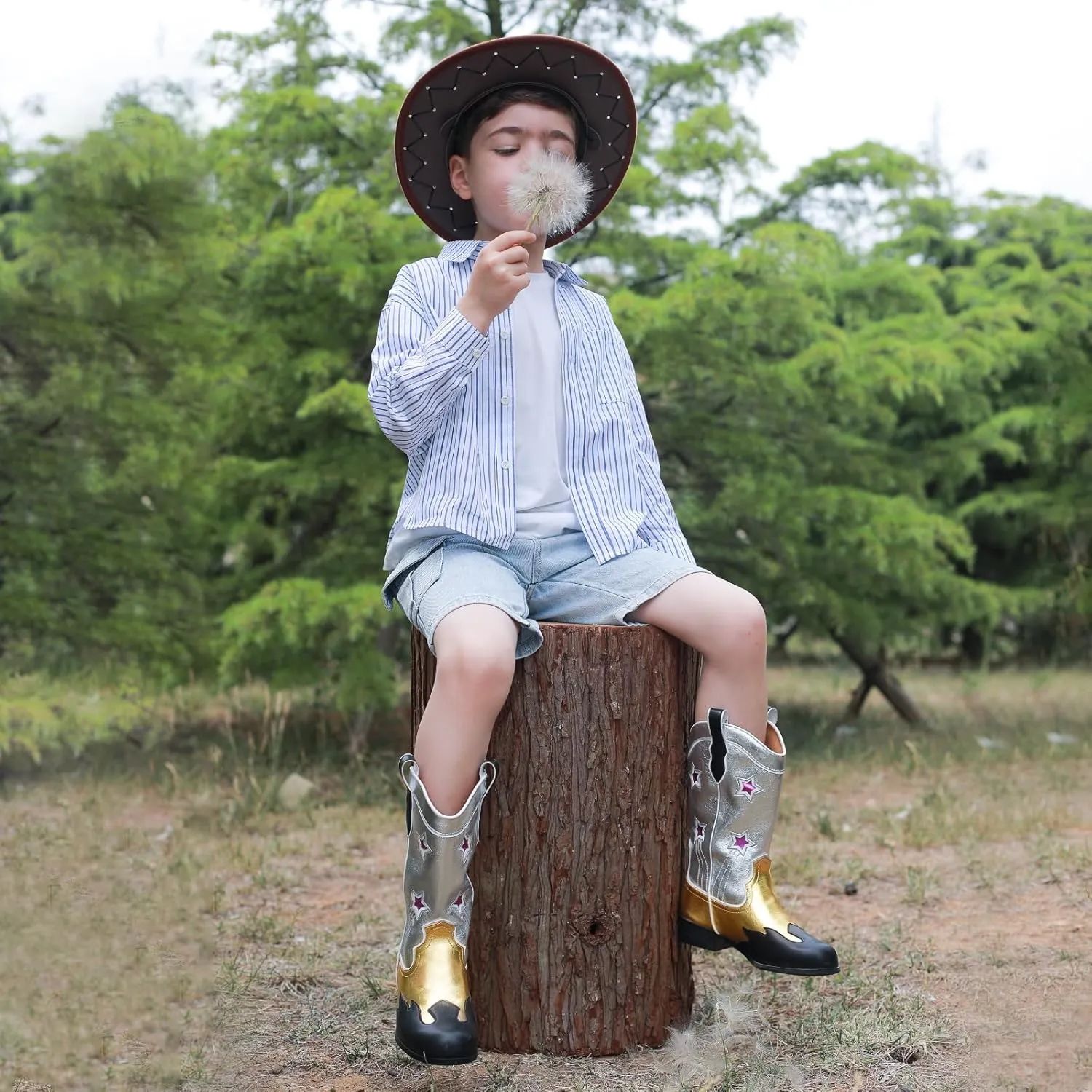 Kids Cowboy Boots Unisex Mid-calf Metallic Western Cowgirl Booties Splicing Riding Round Toe Pull on Long Boots for Boys/Girls