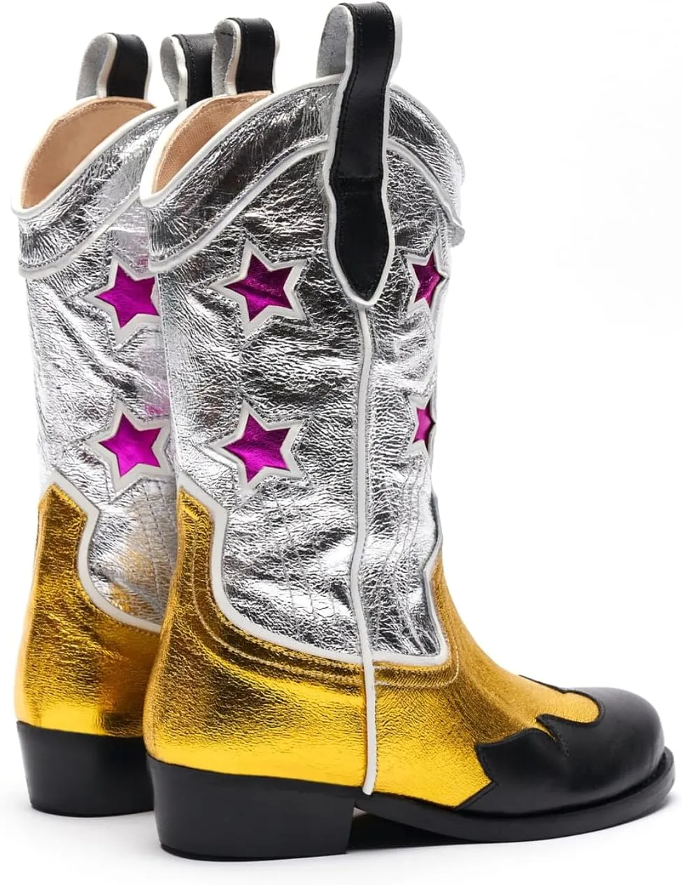 Kids Cowboy Boots Unisex Mid-calf Metallic Western Cowgirl Booties Splicing Riding Round Toe Pull on Long Boots for Boys/Girls