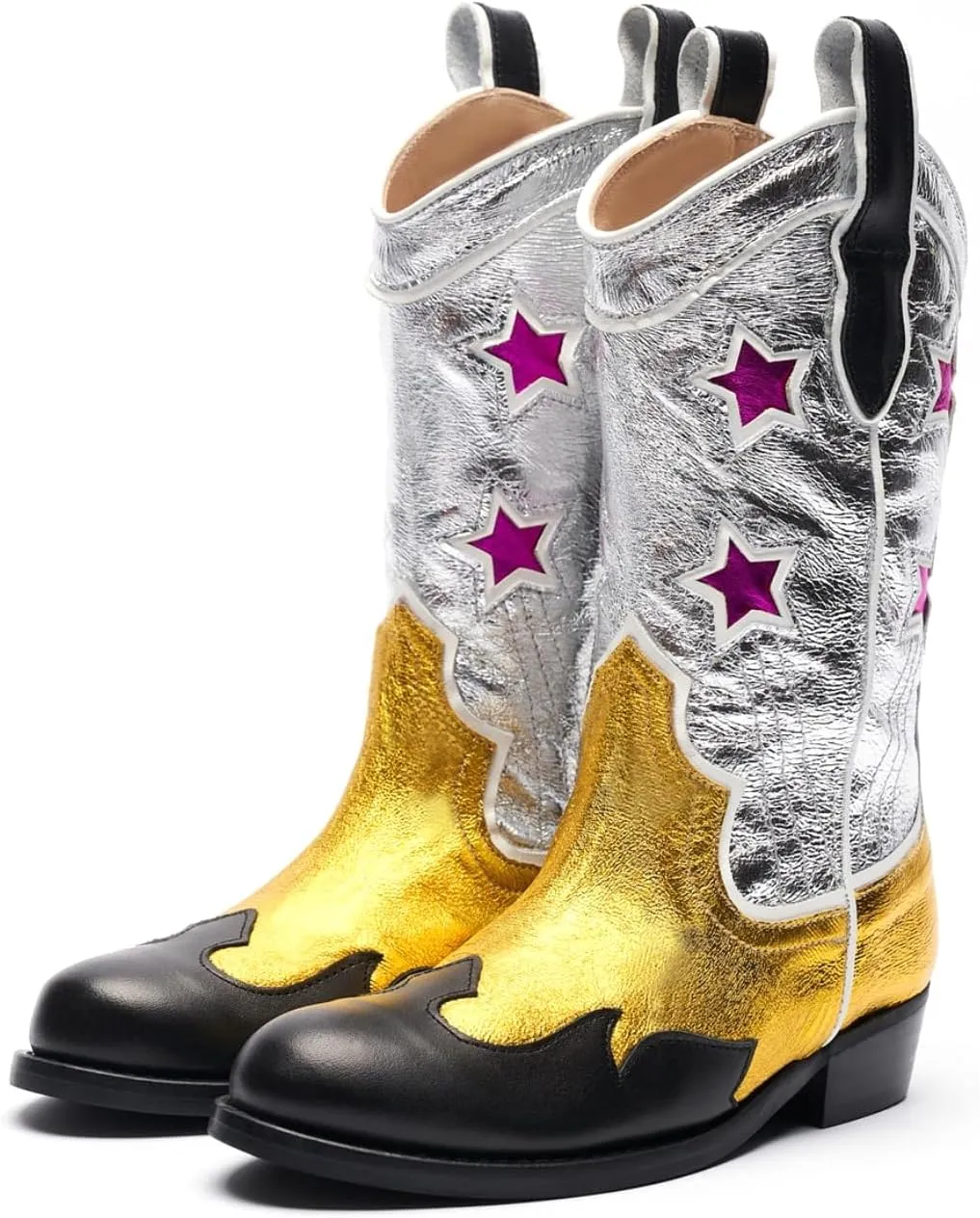 Kids Cowboy Boots Unisex Mid-calf Metallic Western Cowgirl Booties Splicing Riding Round Toe Pull on Long Boots for Boys/Girls