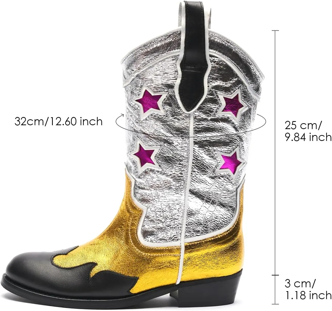 Kids Cowboy Boots Unisex Mid-calf Metallic Western Cowgirl Booties Splicing Riding Round Toe Pull on Long Boots for Boys/Girls