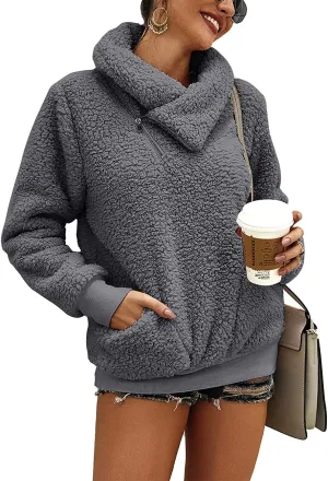KIRUNDO Women's 2025 Winter Lapel Fuzzy Fleece Sweatshirt Faux Shearling Zipper Warm Sherpa Pullover Outwear With Pockets