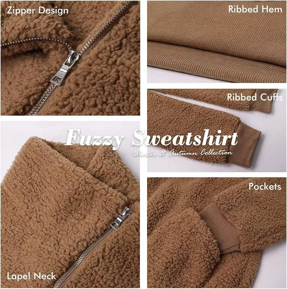 KIRUNDO Women's 2025 Winter Lapel Fuzzy Fleece Sweatshirt Faux Shearling Zipper Warm Sherpa Pullover Outwear With Pockets