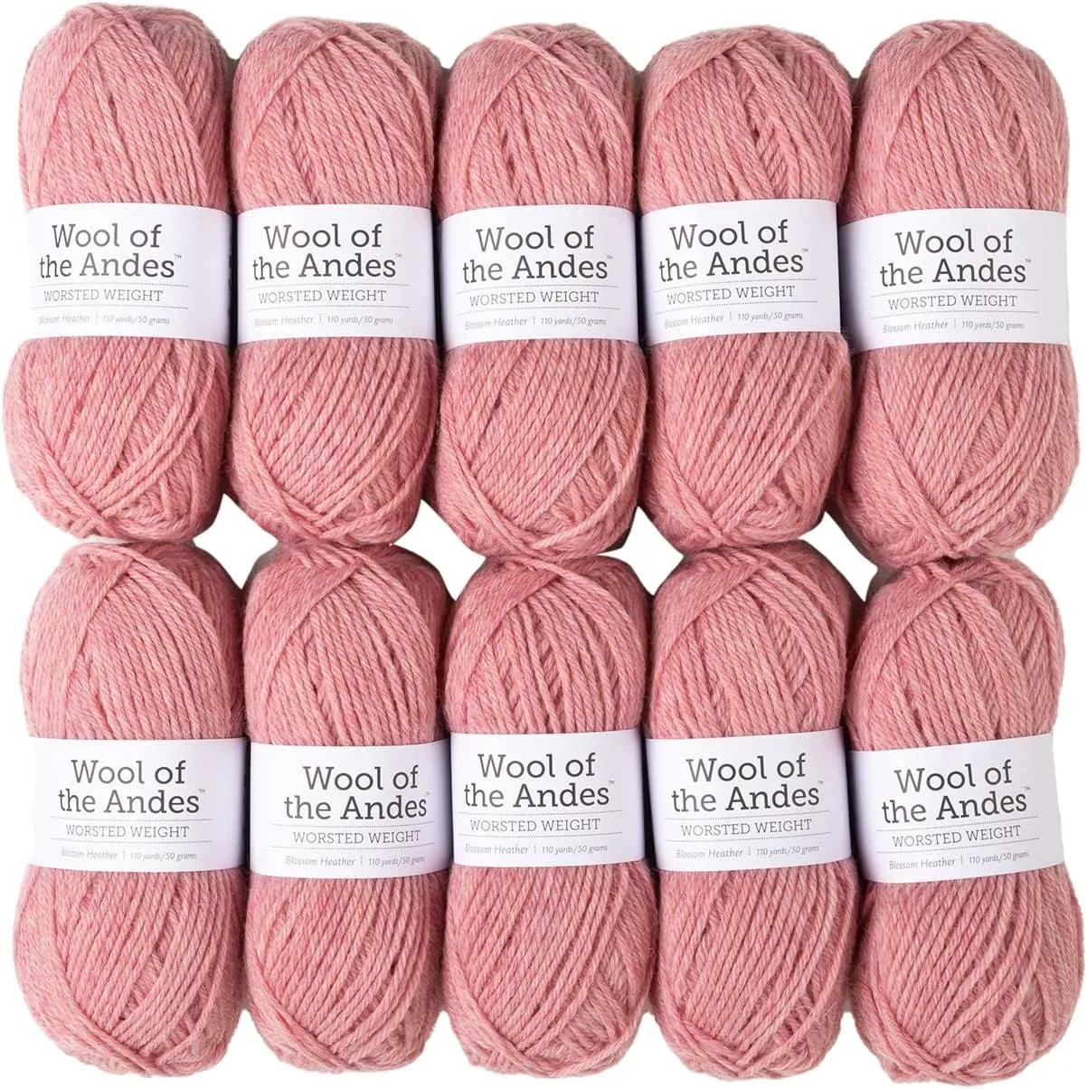 Knit Picks Wool of The Andes Yarn Pack - 10 Skeins of Pink 100% Wool Worsted Weight Yarn (Blossom Heather)