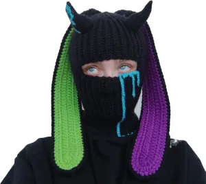 Knit Y2k Hat Cat Beanie with Devil Horn and Long Bunny Ear Crochet Shiesty Ski Mask Balaclava Grunge Accessories