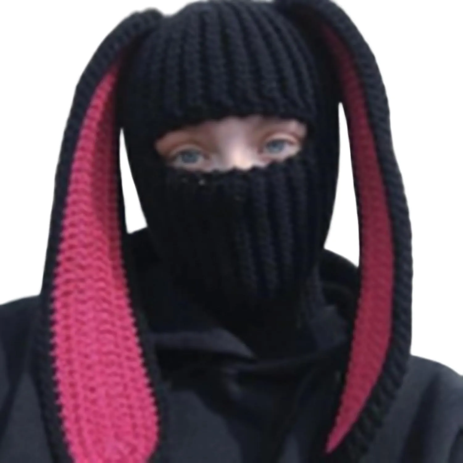 Knit Y2k Hat Cat Beanie with Devil Horn and Long Bunny Ear Crochet Shiesty Ski Mask Balaclava Grunge Accessories