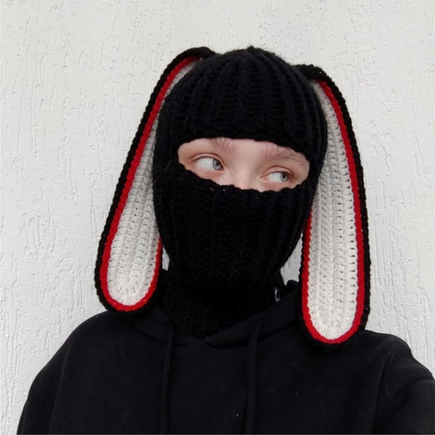 Knit Y2k Hat Cat Beanie with Devil Horn and Long Bunny Ear Crochet Shiesty Ski Mask Balaclava Grunge Accessories