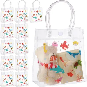 Kolldenn 24 Pcs Sea Animals Gift PVC Bags Plastic Clear Gift Bags with Handles Sea Animals Party Favor Ocean Animals Themed Goodie Holder for Party Supplies Birthday Treat (5.9 x 6.3 x 2.7 Inches)