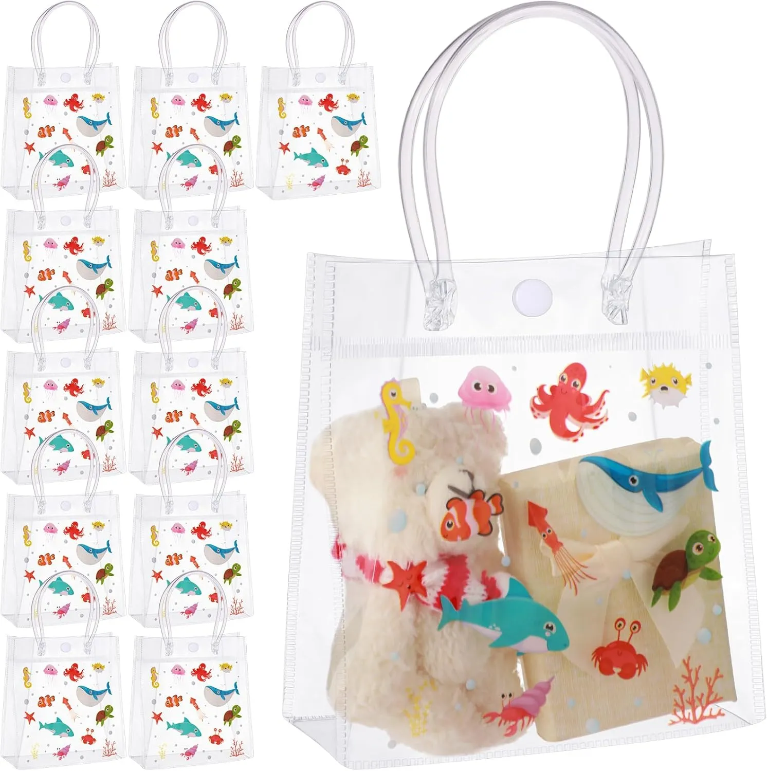 Kolldenn 24 Pcs Sea Animals Gift PVC Bags Plastic Clear Gift Bags with Handles Sea Animals Party Favor Ocean Animals Themed Goodie Holder for Party Supplies Birthday Treat (5.9 x 6.3 x 2.7 Inches)
