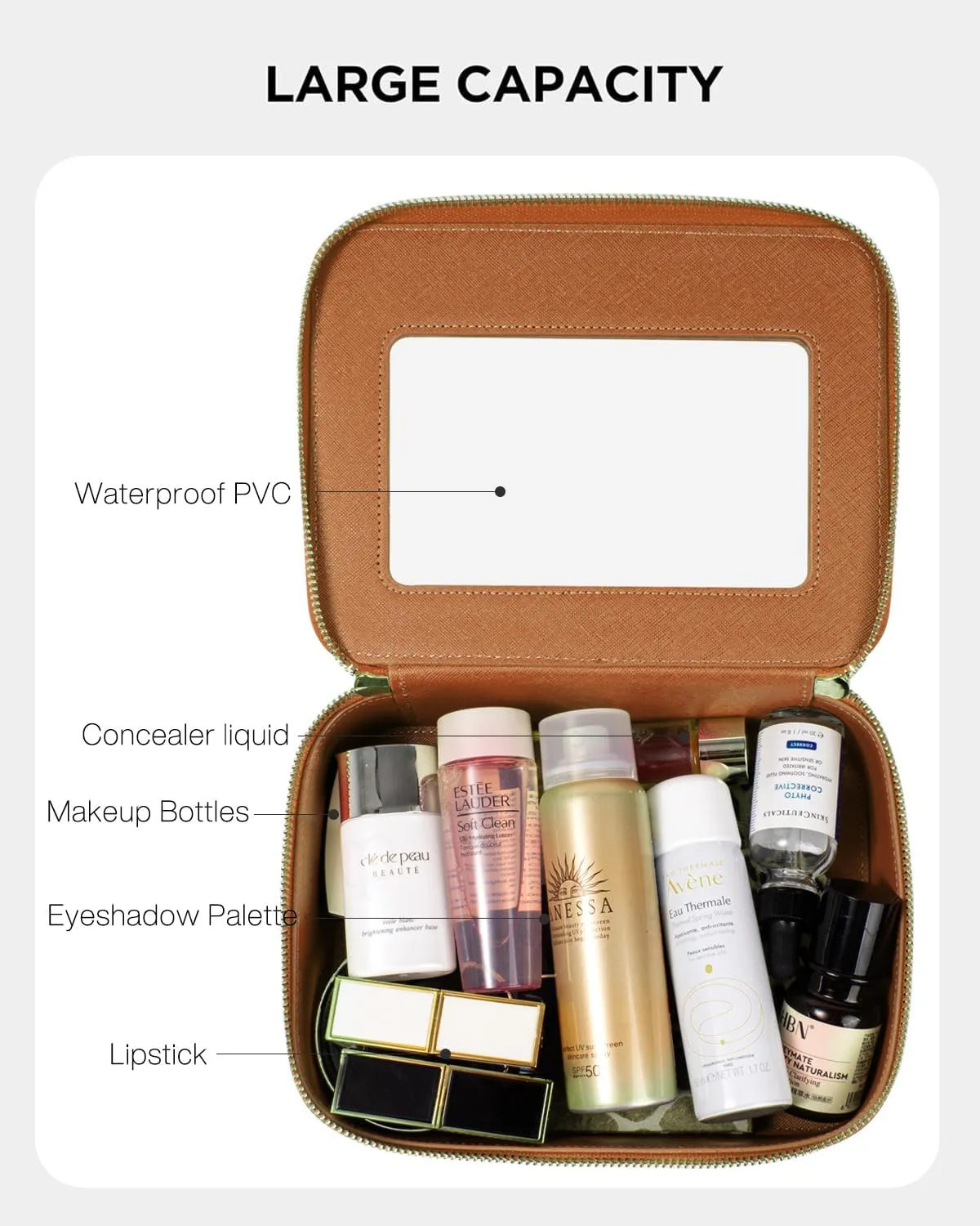 KOTORA Clear Makeup Bag Organizer, Portable Travel Toiletry Bag TSA Approved Toiletry Bag with Handle Large Opening Fit Carry-on Travel Essential Car Accessories for Women Girls (Brown)