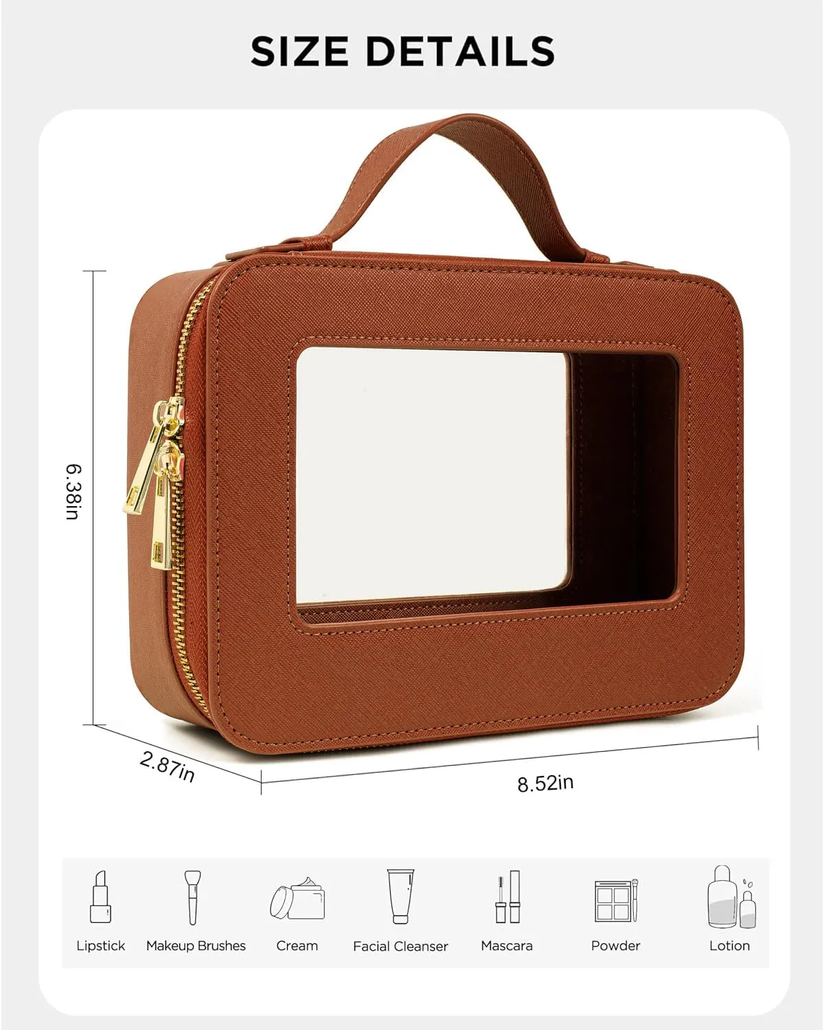 KOTORA Clear Makeup Bag Organizer, Portable Travel Toiletry Bag TSA Approved Toiletry Bag with Handle Large Opening Fit Carry-on Travel Essential Car Accessories for Women Girls (Brown)